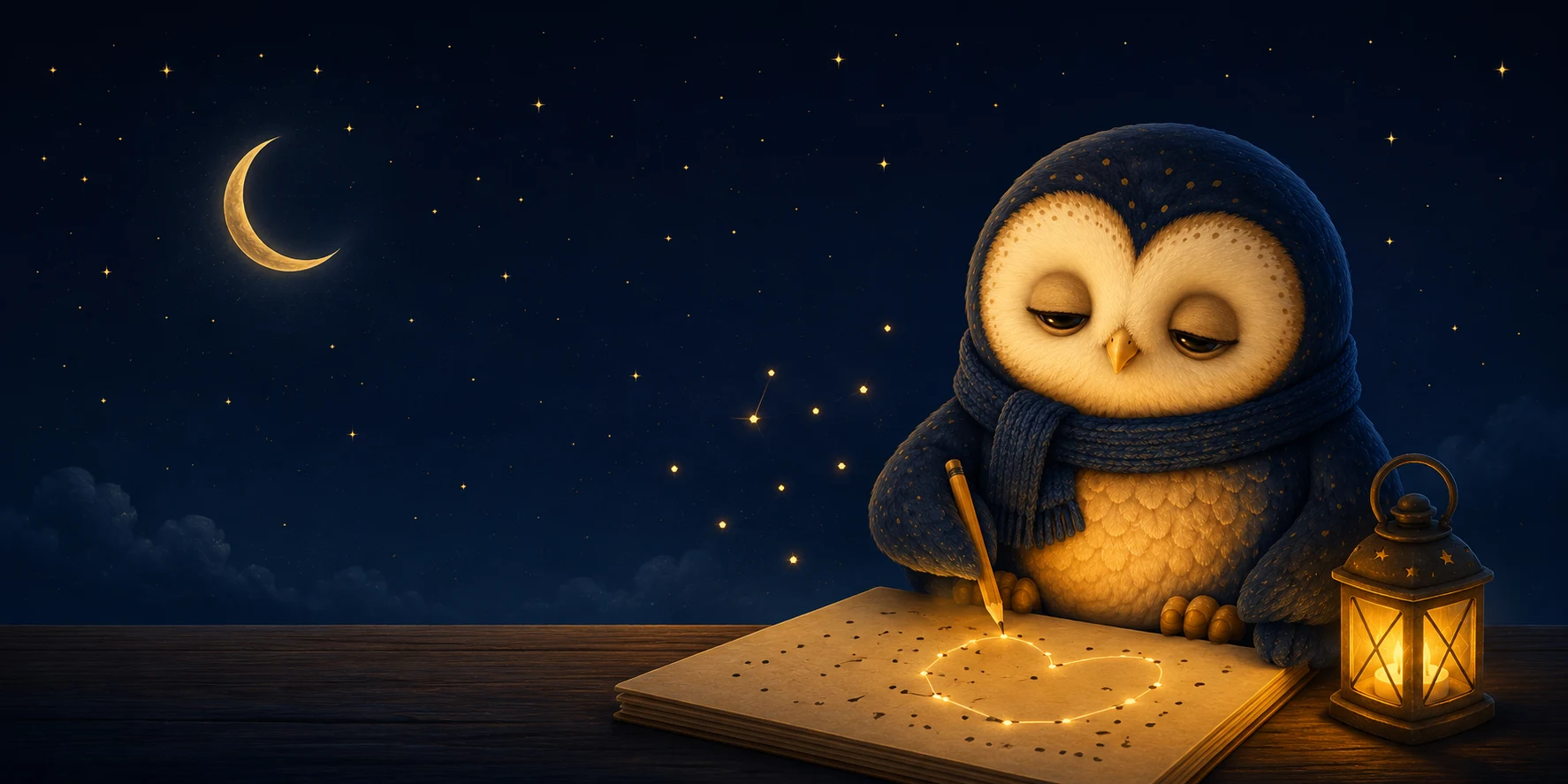 Bery the owl connecting a glowing dot-to-dot heart by lantern light under a starry night sky