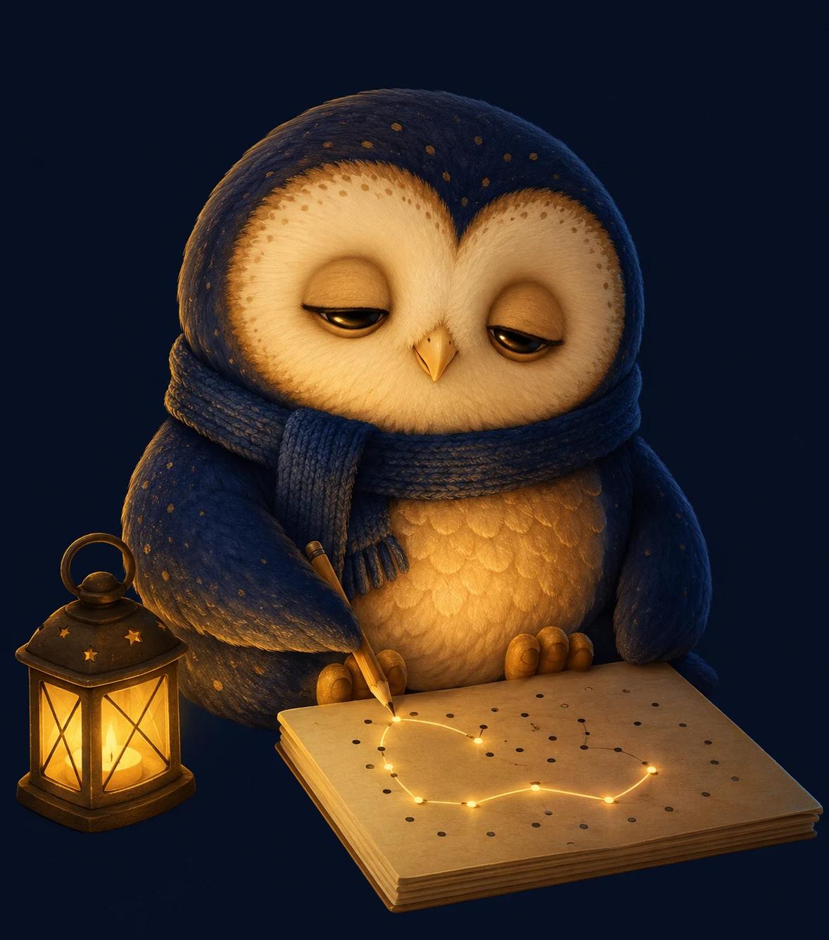 Bery, HappyBery Books' sleepy owl mascot, wearing a soft scarf beside a lit lantern